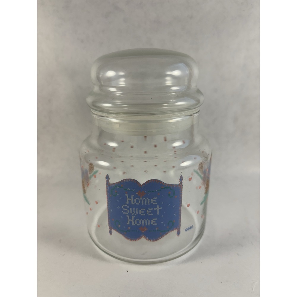 Vintage 90's Libbey Home Sweet Home Glass Canister Jar 5.5" Tall with Sealed Lid